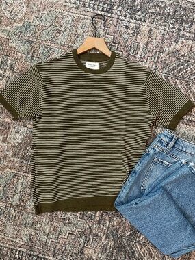 American Eagle Green Stripe Sweater Tee Short Sleeve Knit Lightweight Size XS